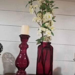 Elegant Burgundy Glass Vase with Matching Candle Holder